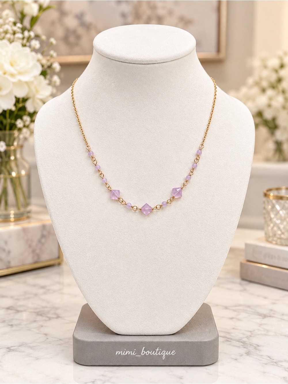 Handmade Swarovski Rose Water Opal Crystal Necklace Gold Tone OOAK